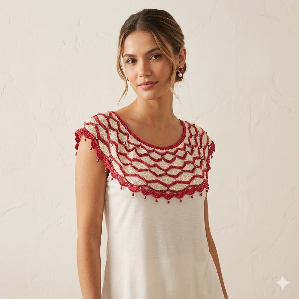 Cecilia Prado Crochet Beaded Trim Top Red Cream Designer Sleeveless Blouse S